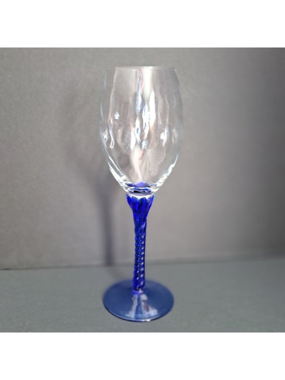 Hand Blown Cobalt Blue Wine Glass Twisted Stem Clear Optic Bowl 9" tall